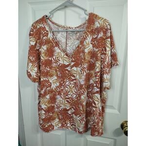 Westport Woman 2X Blouse V Neck White Brown Leaf V Neck Shirt Sleeve Casual...